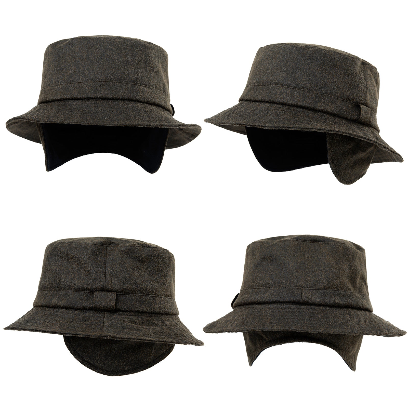 Waterproof Waxed Cotton Bucket Hat with Fleece-Lined Ear Flaps - Unisex Winter Hat (L/XL/XXL) TOP-EX