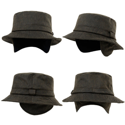 Waterproof Waxed Cotton Bucket Hat with Fleece-Lined Ear Flaps - Unisex Winter Hat (L/XL/XXL) TOP-EX