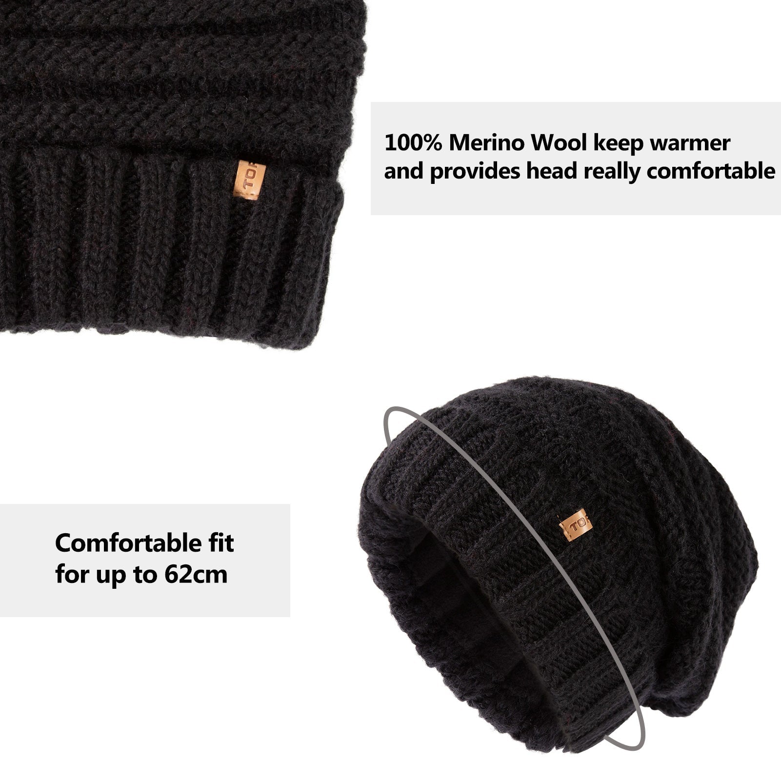 100% Merino Wool Slouchy Beanie for Women Fleece Lining TOP-EX