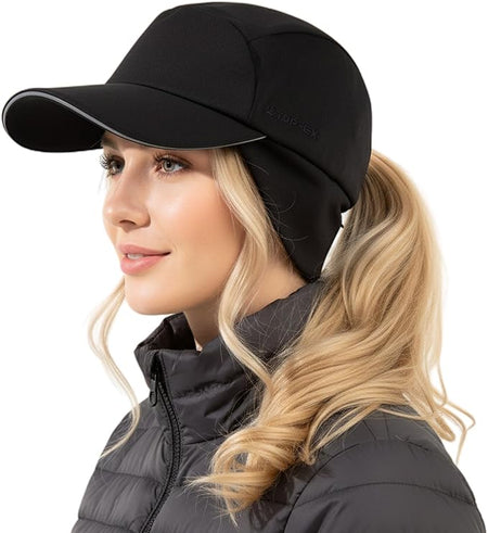Ponytail Water-Repellent Earflap Winter Baseball Cap – Reflective Fleece-Lined Hat