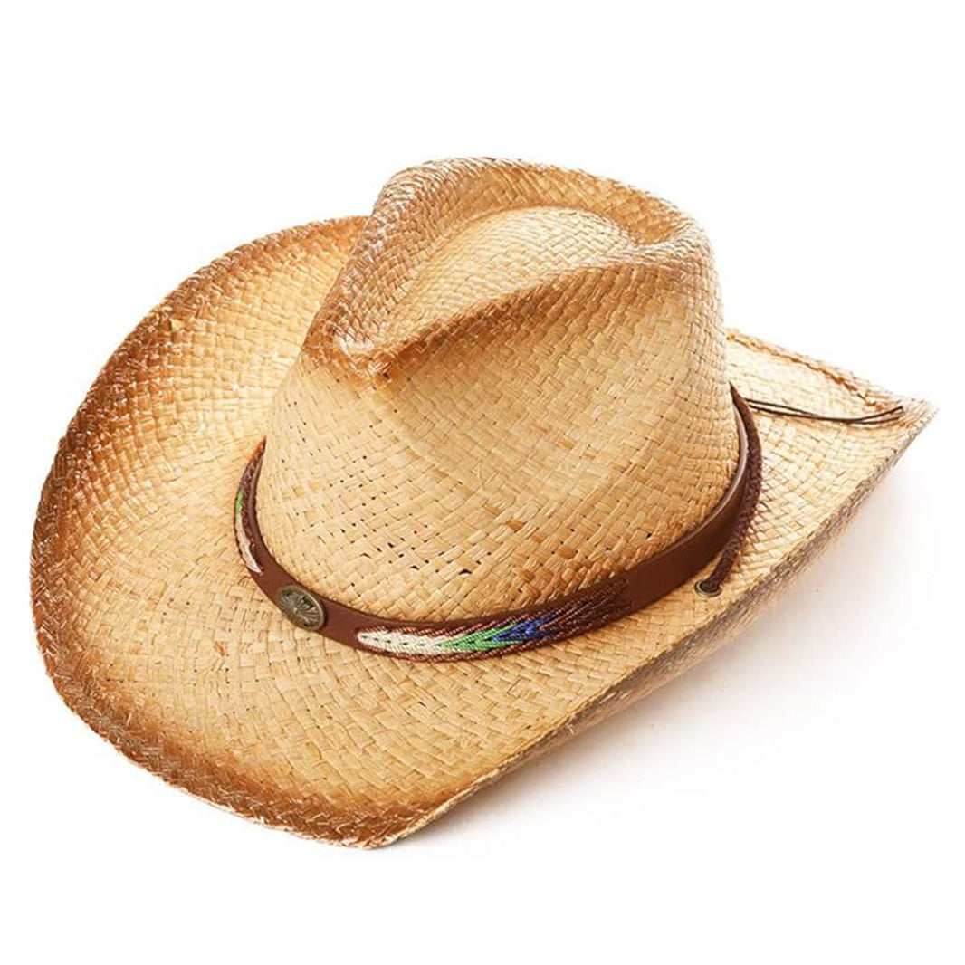 Western Raffia Straw Cowboy Fedora Hat with Chin Cord