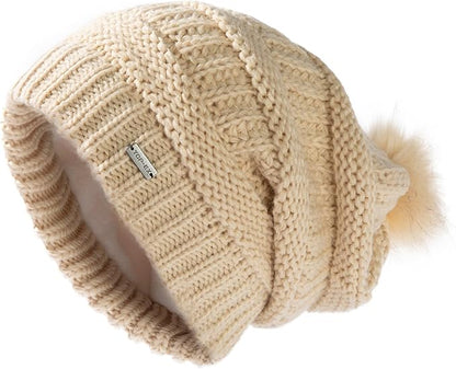 100% Merino Wool Slouchy Pom Beanie – Satin or Fleece Lined for Warmth & Comfort