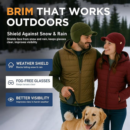 DryKnit™ Waterproof Merino Wool Beanie with Ear Flaps – Fleece Lined Winter Hat with Brim