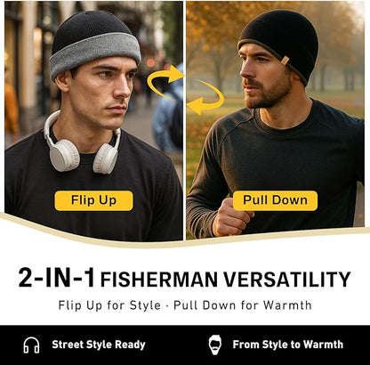 PolarWool™ Merino Wool Fisherman Beanie – Double Layer Knit Hat for Large Heads