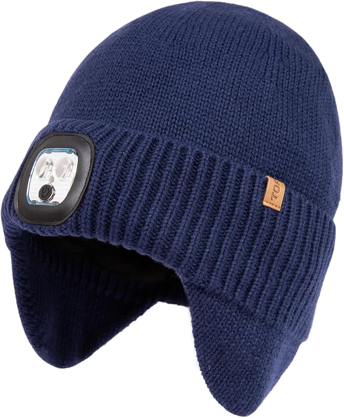 DryKnit™ Waterproof LED Beanie with Ear Flaps – Merino Wool Fleece Lined Winter Hat