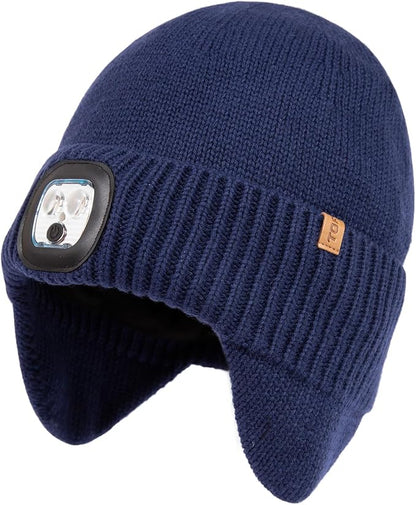 DryKnit™ Waterproof LED Beanie with Ear Flaps – Merino Wool Fleece Lined Winter Hat