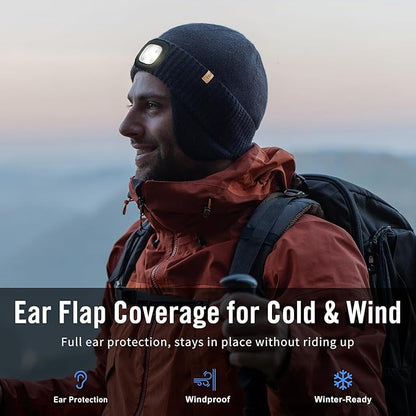 DryKnit™ Waterproof LED Beanie with Ear Flaps – Merino Wool Fleece Lined Winter Hat