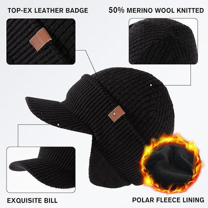 DryKnit™ Waterproof Merino Wool Earflap Beanie – Fleece Lined Winter Hat with Brim