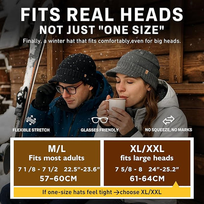 DryKnit™ Waterproof Merino Wool Beanie with Brim – Fleece Lined Winter Hat for Large Heads