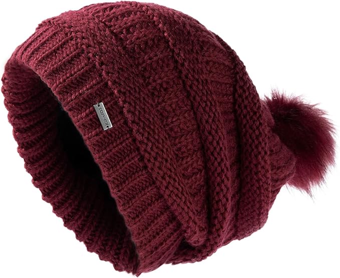 100% Merino Wool Slouchy Pom Beanie – Satin or Fleece Lined for Warmth & Comfort