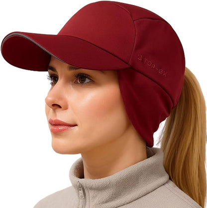 Ponytail Water-Repellent Earflap Winter Baseball Cap – Reflective Fleece-Lined Hat
