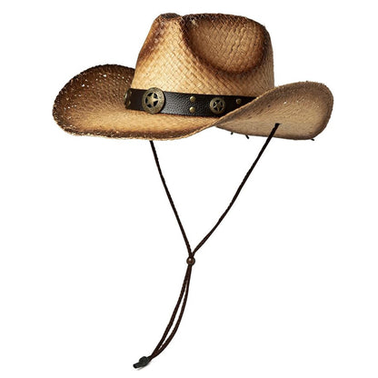Western Straw Cowboy Fedora Hat with Chin Cord