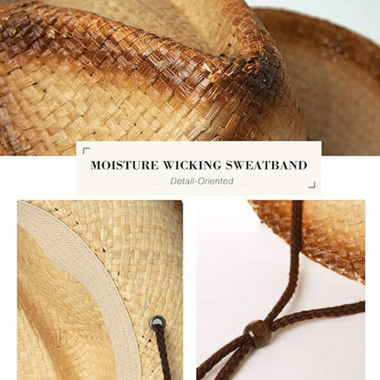 Western Straw Cowboy Fedora Hat with Chin Cord