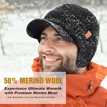 DryKnit™ Waterproof Merino Wool Earflap Beanie – Fleece Lined Winter Hat with Brim