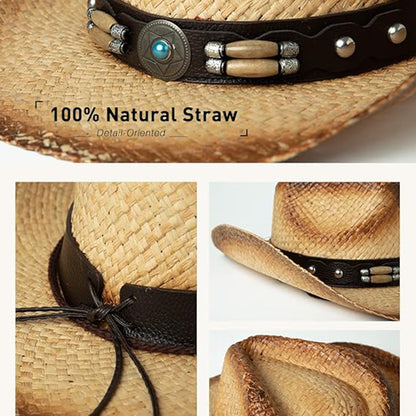 Raffia Straw Western Cowgirl Hat with Chin Cord & Leather Band