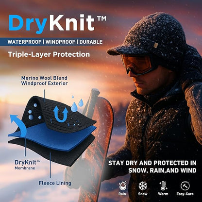 DryKnit™ Waterproof Merino Wool Beanie with Brim – Fleece Lined Winter Hat for Large Heads