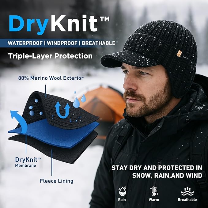DryKnit™ Waterproof Merino Wool Beanie with Ear Flaps – Fleece Lined Winter Hat with Brim