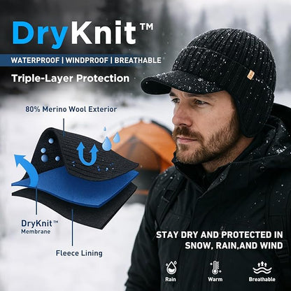 DryKnit™ Waterproof Merino Wool Beanie with Ear Flaps – Fleece Lined Winter Hat with Brim