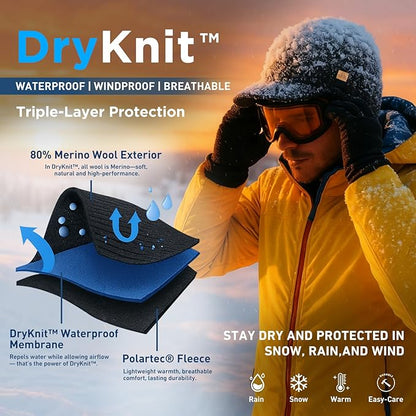 DryKnit™ Waterproof Merino Wool Beanie with Brim – Fleece Lined Winter Hat