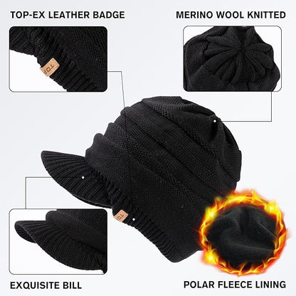 DryKnit™ Waterproof Wool Blend Beanie with Brim – Fleece Lined Warm Winter Hat for Large Heads