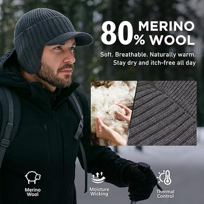 DryKnit™ Waterproof Merino Wool Beanie with Ear Flaps – Fleece Lined Winter Hat with Brim