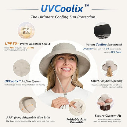 Uvcoolix™ Cooling Sun Hat for Women Ponytail Hole UPF 50 Wide Brim Breathable Packable