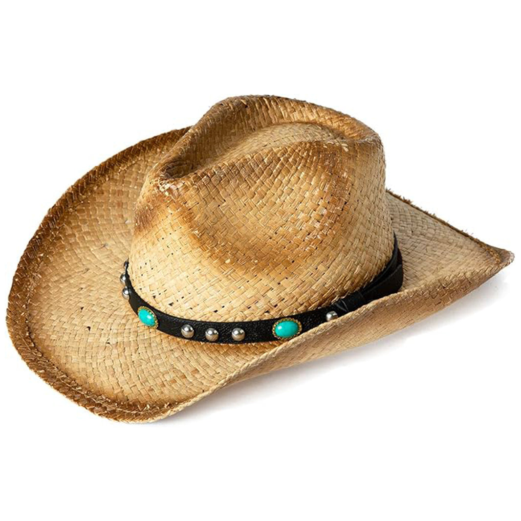 Round Crown Western Straw Cowgirl Hat with Chin Strap
