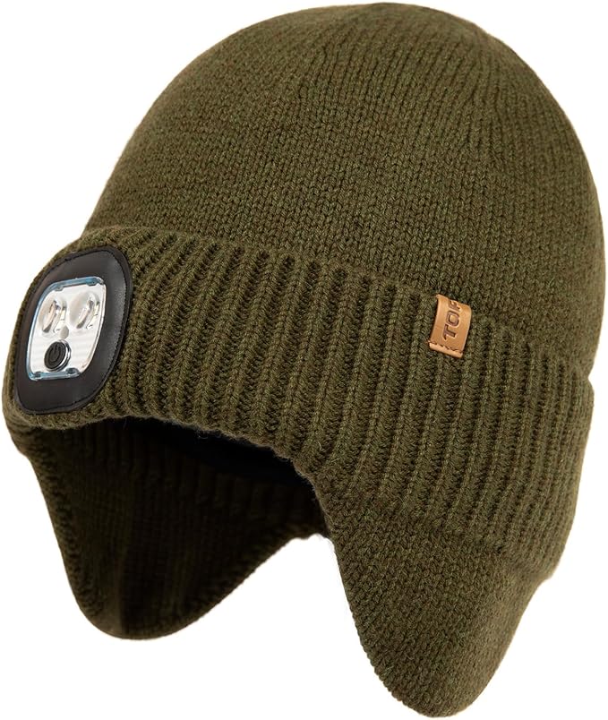 DryKnit™ Waterproof LED Beanie with Ear Flaps – Merino Wool Fleece Lined Winter Hat