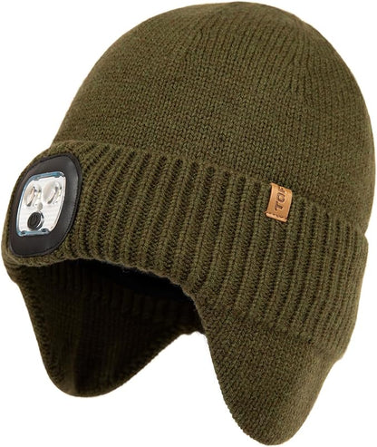 DryKnit™ Waterproof LED Beanie with Ear Flaps – Merino Wool Fleece Lined Winter Hat