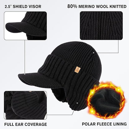DryKnit™ Waterproof Merino Wool Beanie with Ear Flaps – Fleece Lined Winter Hat with Brim