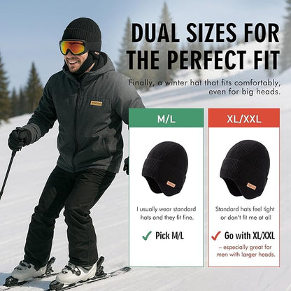 DryKnit™ Waterproof Merino Wool Beanie with Ear Flaps – Fleece Lined Winter Hat for Large Heads
