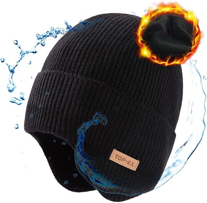 DryKnit™ Waterproof Merino Wool Beanie with Ear Flaps – Fleece Lined Winter Hat for Large Heads