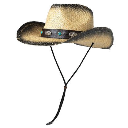 Raffia Straw Western Cowgirl Hat with Chin Cord & Leather Band