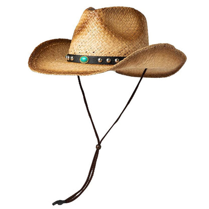 Round Crown Western Straw Cowgirl Hat with Chin Strap