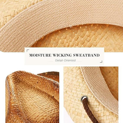 Western Raffia Straw Cowboy Fedora Hat with Chin Cord