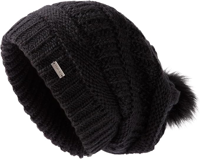 100% Merino Wool Slouchy Pom Beanie – Satin or Fleece Lined for Warmth & Comfort