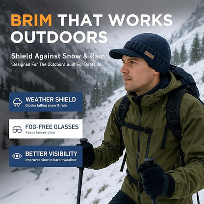 DryKnit™ Waterproof Merino Wool Beanie with Brim – Fleece Lined Winter Hat