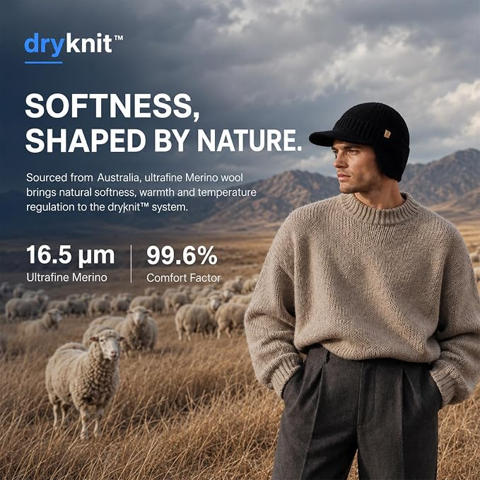 DryKnit™ Waterproof Merino Wool Beanie with Ear Flaps – Fleece Lined Winter Hat with Brim