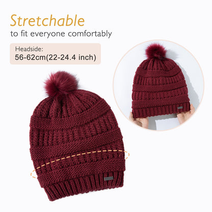 100% Merino Wool Slouchy Pom Beanie – Satin or Fleece Lined for Warmth & Comfort