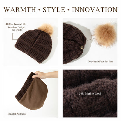 ChicPony Merino Wool Fleece-Lined Beanie with Ponytail Hole