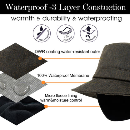 Waterproof Waxed Cotton Bucket Hat with Fleece-Lined Ear Flaps - Unisex Winter Hat (L/XL/XXL) TOP-EX