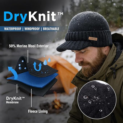 DryKnit™ Waterproof Merino Wool Beanie with Brim – Fleece Lined Winter Hat