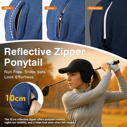 Ponytail Water-Repellent Earflap Winter Baseball Cap – Reflective Fleece-Lined Hat