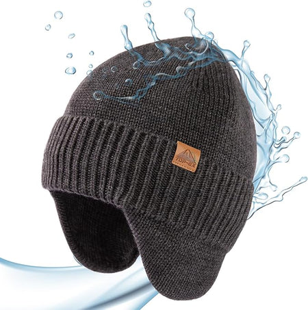 DryKnit™ x Polartec® Waterproof Merino Wool Beanie with Ear Flaps – Fleece Lined Winter Hat