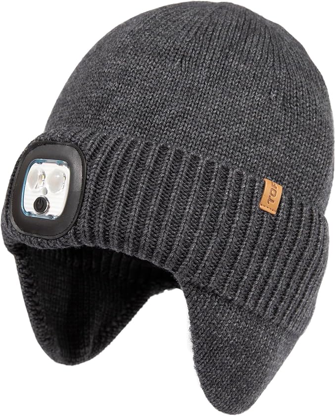 DryKnit™ Waterproof LED Beanie with Ear Flaps – Merino Wool Fleece Lined Winter Hat