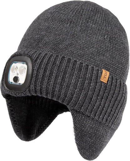 DryKnit™ Waterproof LED Beanie with Ear Flaps – Merino Wool Fleece Lined Winter Hat