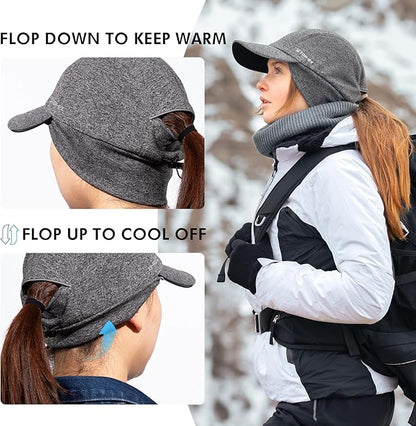 Water-Repellent Winter Baseball Cap with Ear Flap & Ponytail Hole
