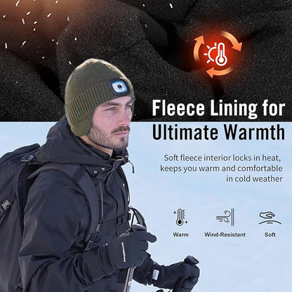 DryKnit™ Waterproof LED Beanie with Ear Flaps – Merino Wool Fleece Lined Winter Hat