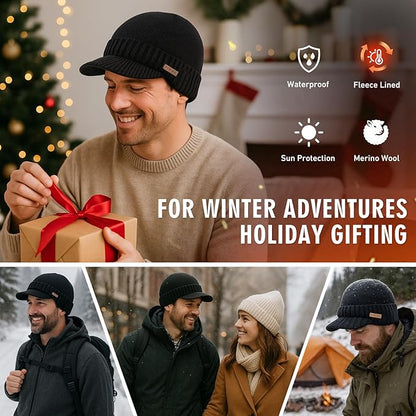 DryKnit™ Waterproof Merino Wool Beanie with Brim – Fleece Lined Winter Hat