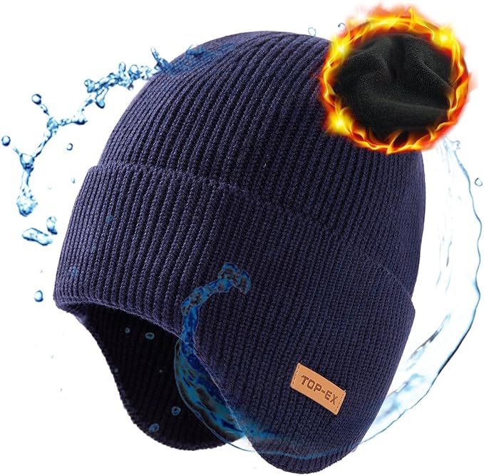 DryKnit™ Waterproof Merino Wool Beanie with Ear Flaps – Fleece Lined Winter Hat for Large Heads